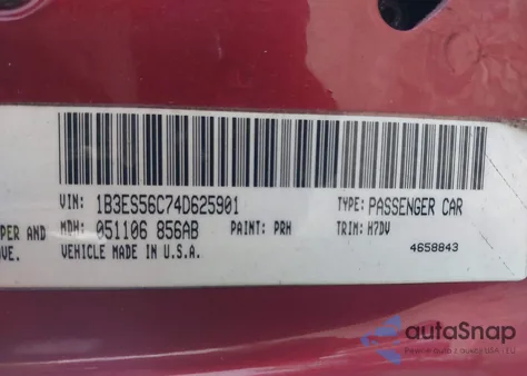 2004 Dodge Neon Sxt из США, поврежденный, VIN 1B3ES56C74D625901